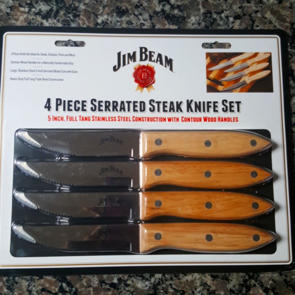 Jim Beam 4 piece serrated steak knife set new sealed 5" Full Tang Stainless Stee